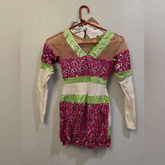 Sparkling Pink and Green Kids Dance Costume - Picture 2 of 4